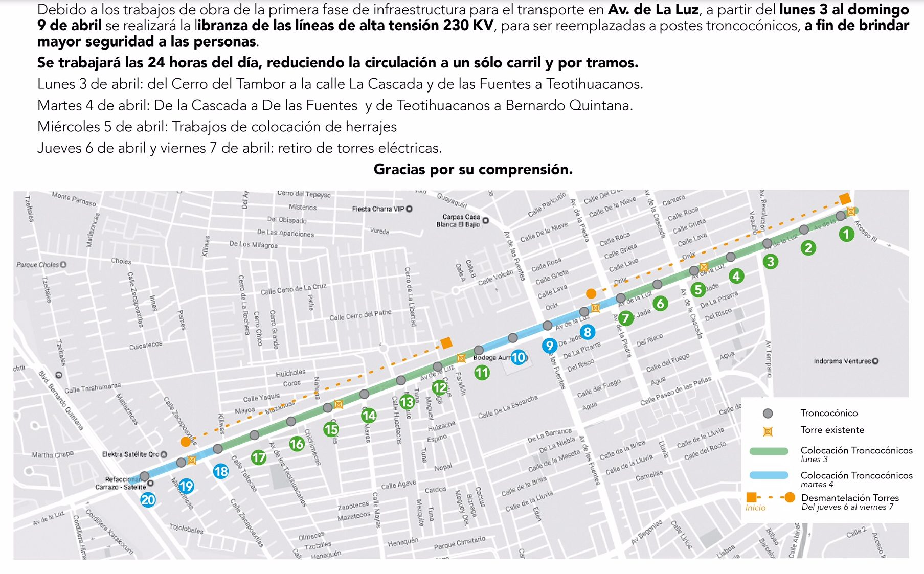  Avenida de la Luz tendrá cierres viales del 3 al 9 de abril: SDUOP