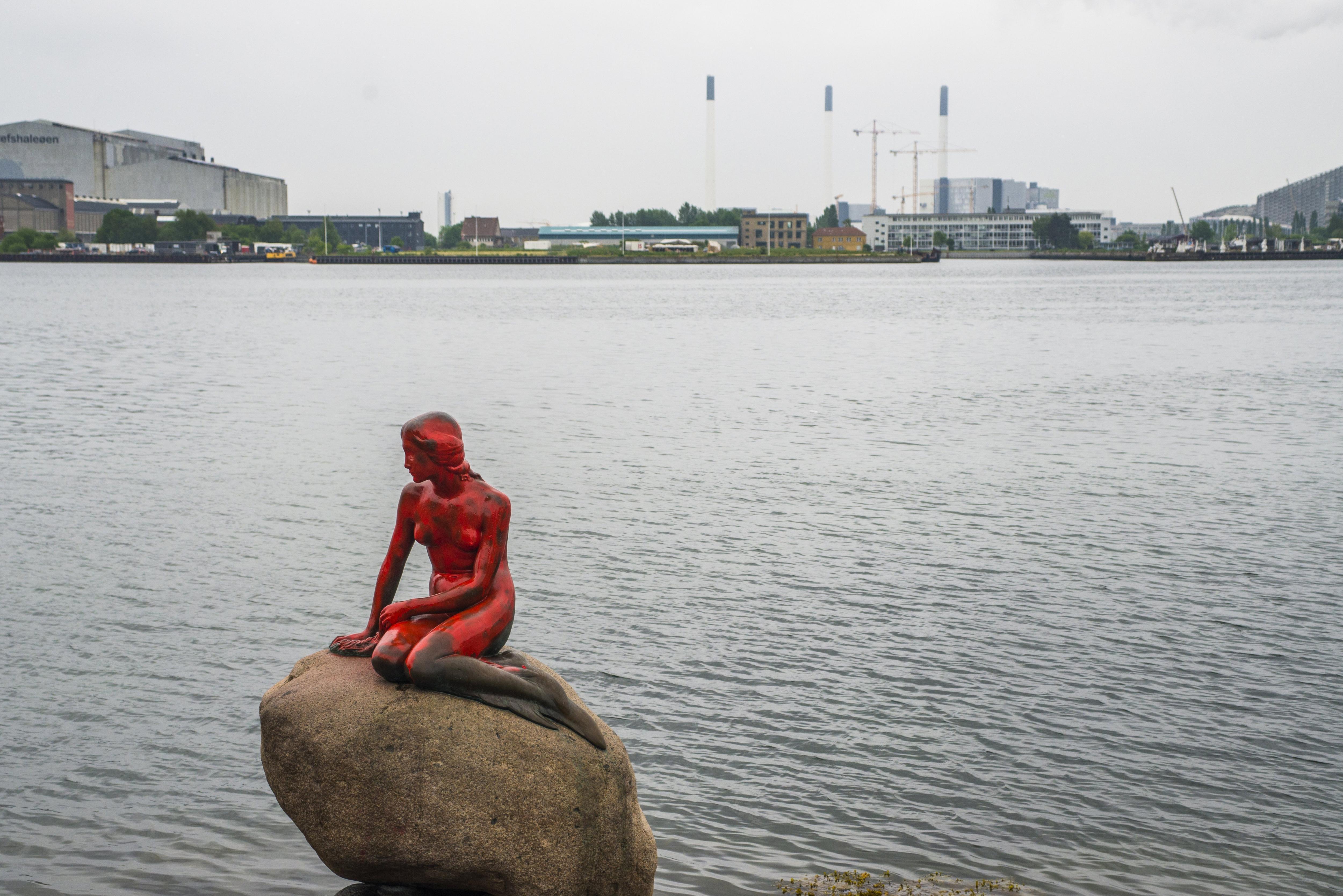  Pintan de rojo la Sirenita de Copenhague en protesta por la caza de ballenas