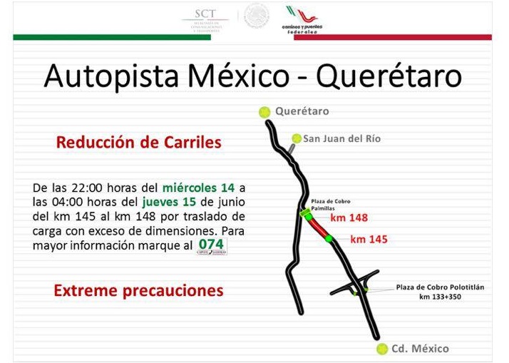  Esta noche y madrugada reducirán carriles en la México-Querétaro