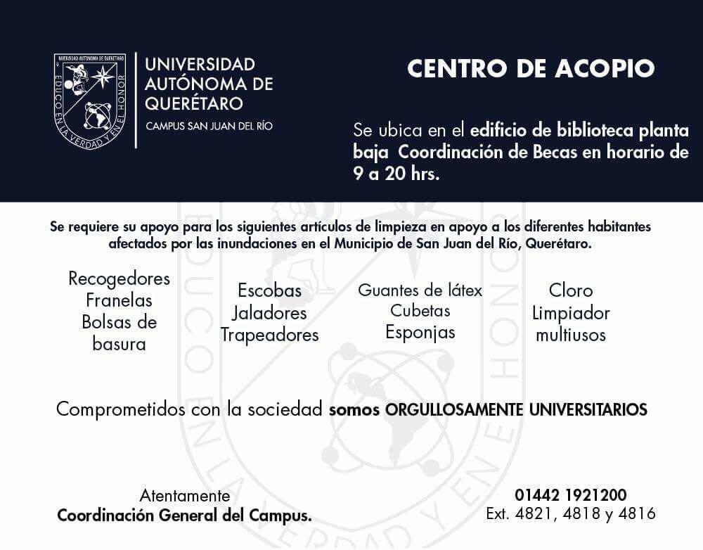  Instala UAQ campus SJR centro de acopio para afectados por las lluvias