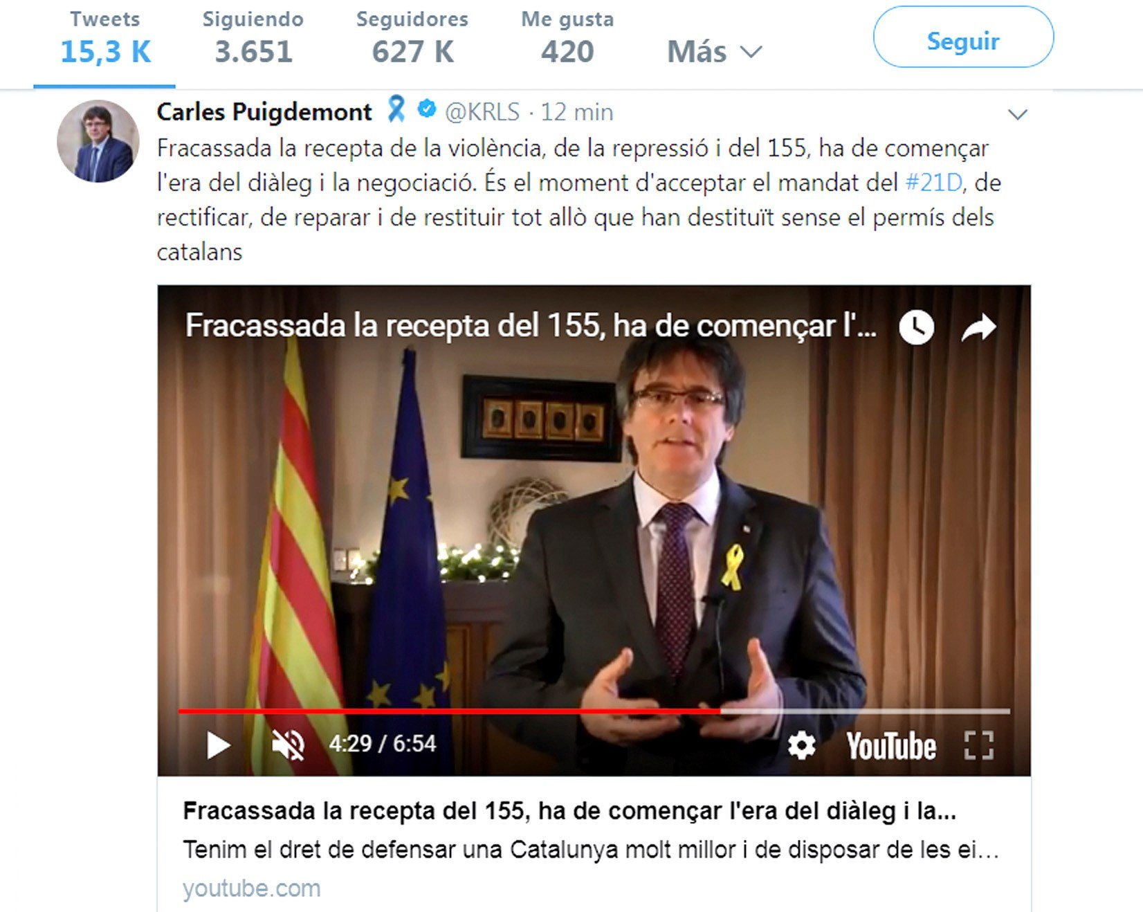 Puigdemont pide a Rajoy que negocie con el “legítimo gobierno” de Cataluña
