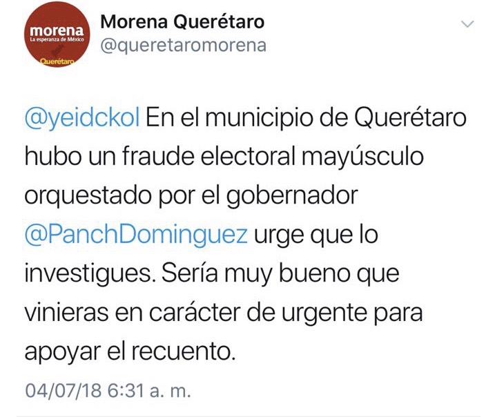  Morena pide a Yeidckol investigar supuesto fraude electoral de Estado en Querétaro