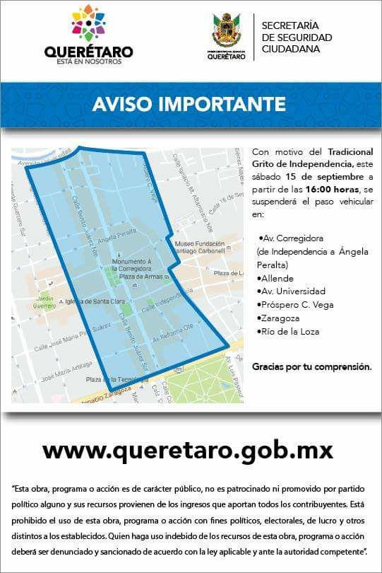  Cerrarán paso vehicular en Centro Histórico de Querétaro por Grito de la Independencia