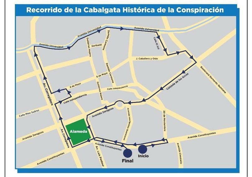  Anuncian cierres viales en el centro por Cabalgata Histórica de la Conspiración