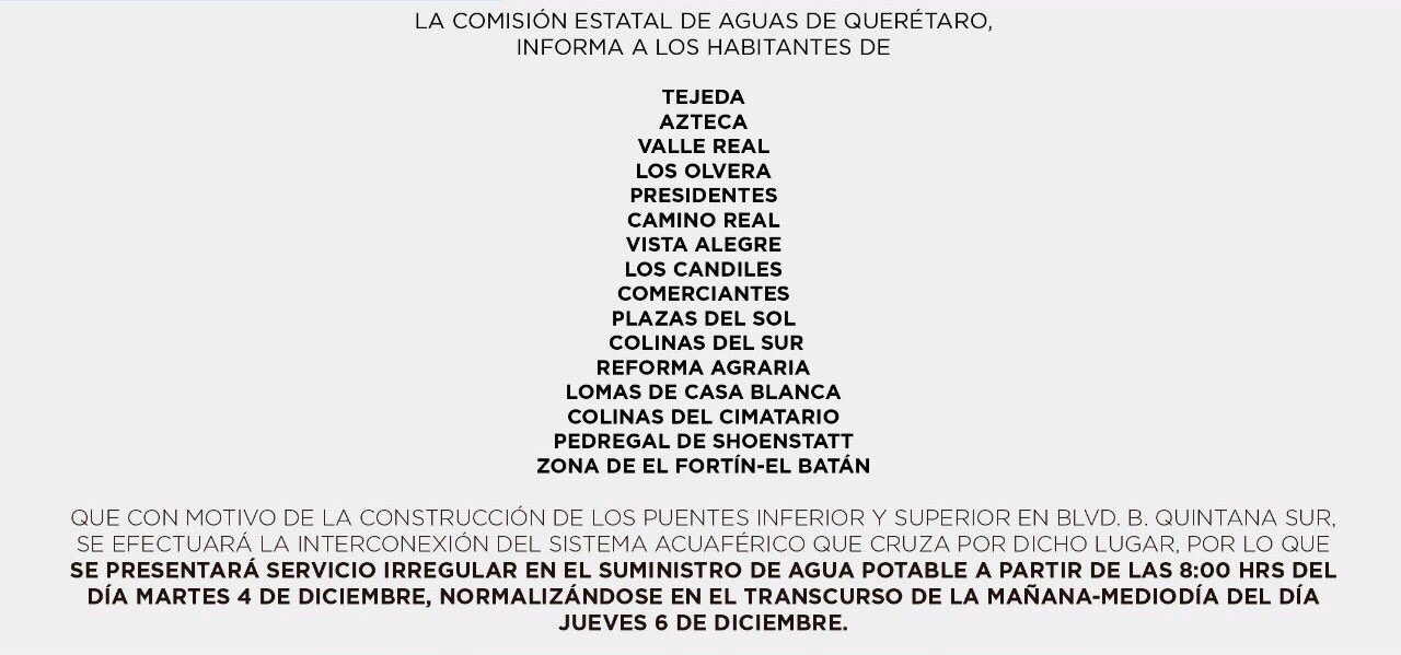  Habrá servicio irregular de agua en 16 colonias de Querétaro y Corregidora