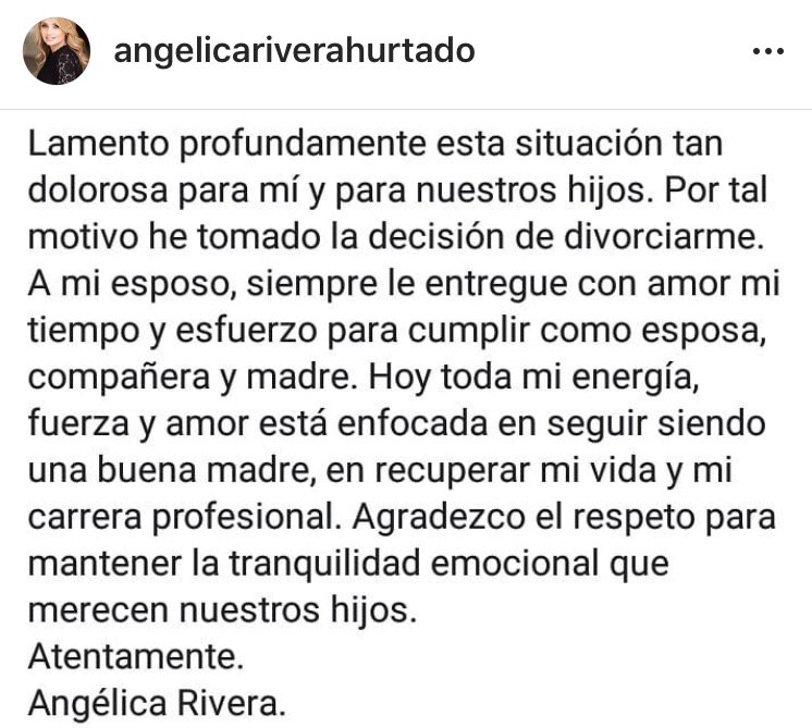  Angélica Rivera confirma su divorcio en Instagram