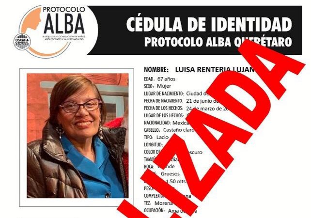  Desactivan Protocolo ALBA; localiza Fiscalía a Luisa Rentería