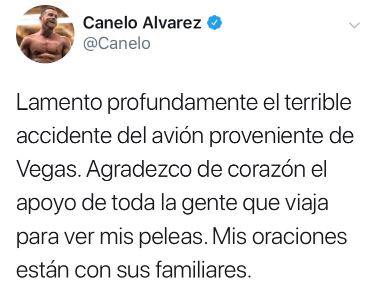  Canelo Álvarez lamenta accidente aéreo en el que aficionados fallecieron