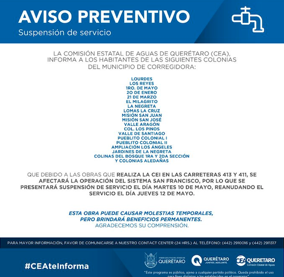  CEA suspende servicio en Corregidora 10, 11 y 12 de mayo