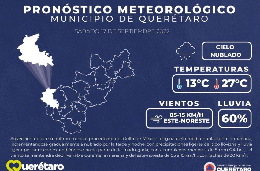  Habrá cielos nublados y probabilidad de lluvia para Querétaro