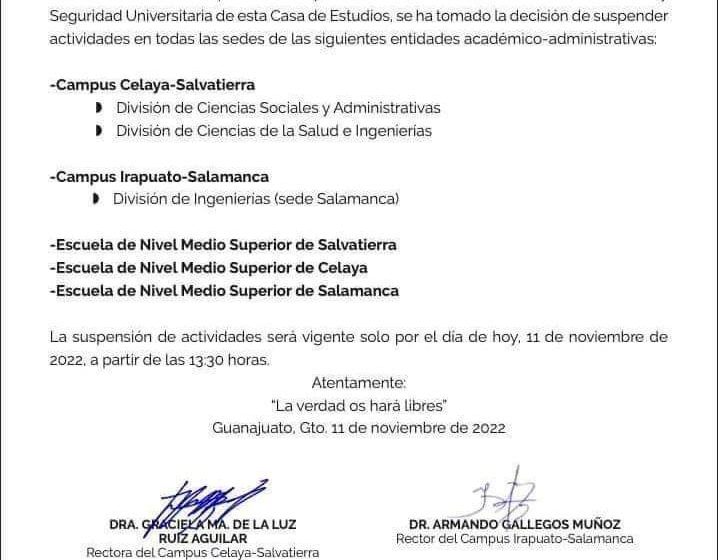  Por actos delictivos suspenden labores en Universidad de Guanajuato