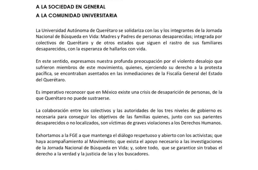  La UAQ y su rectora piden a las autoridades atender a madres buscadoras de personas desaparecidas