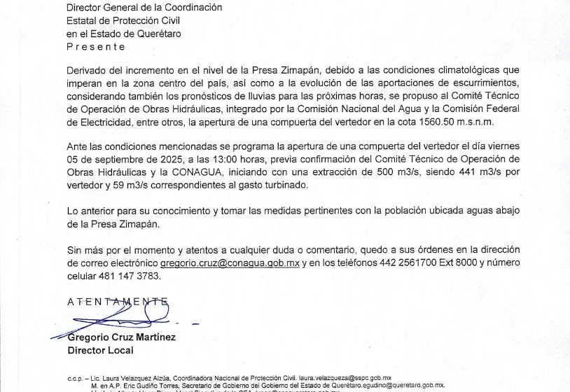  A las 13:00 del 5 de septiembre comienza el desfogue: informa CEA